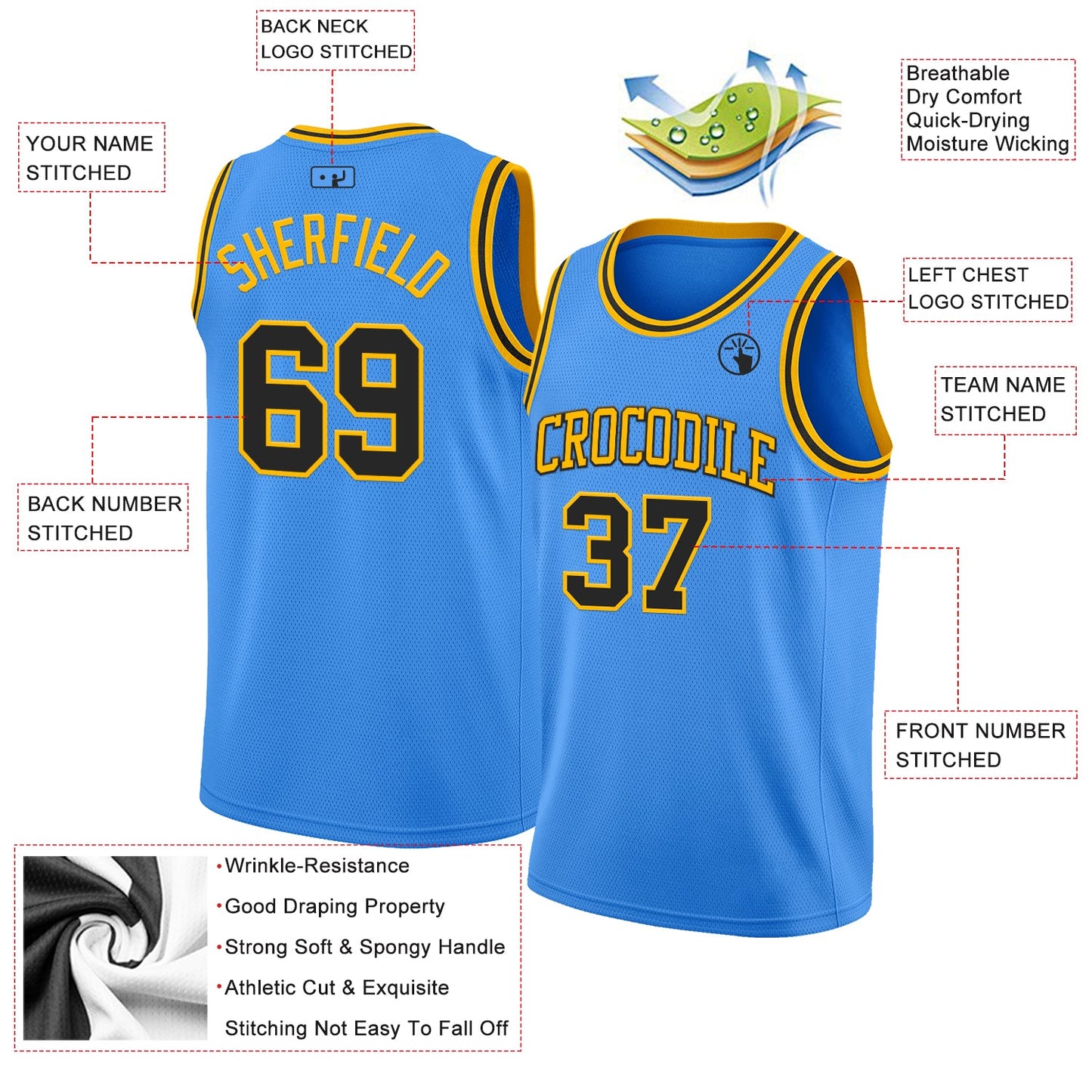 Custom Powder Blue Black-Gold Authentic Basketball Jersey view 2