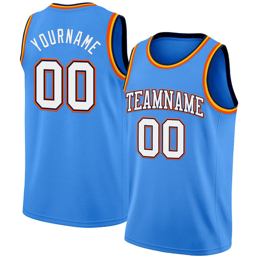 Custom Powder Blue White Navy Orange-Gold Authentic Basketball Jersey - Main View