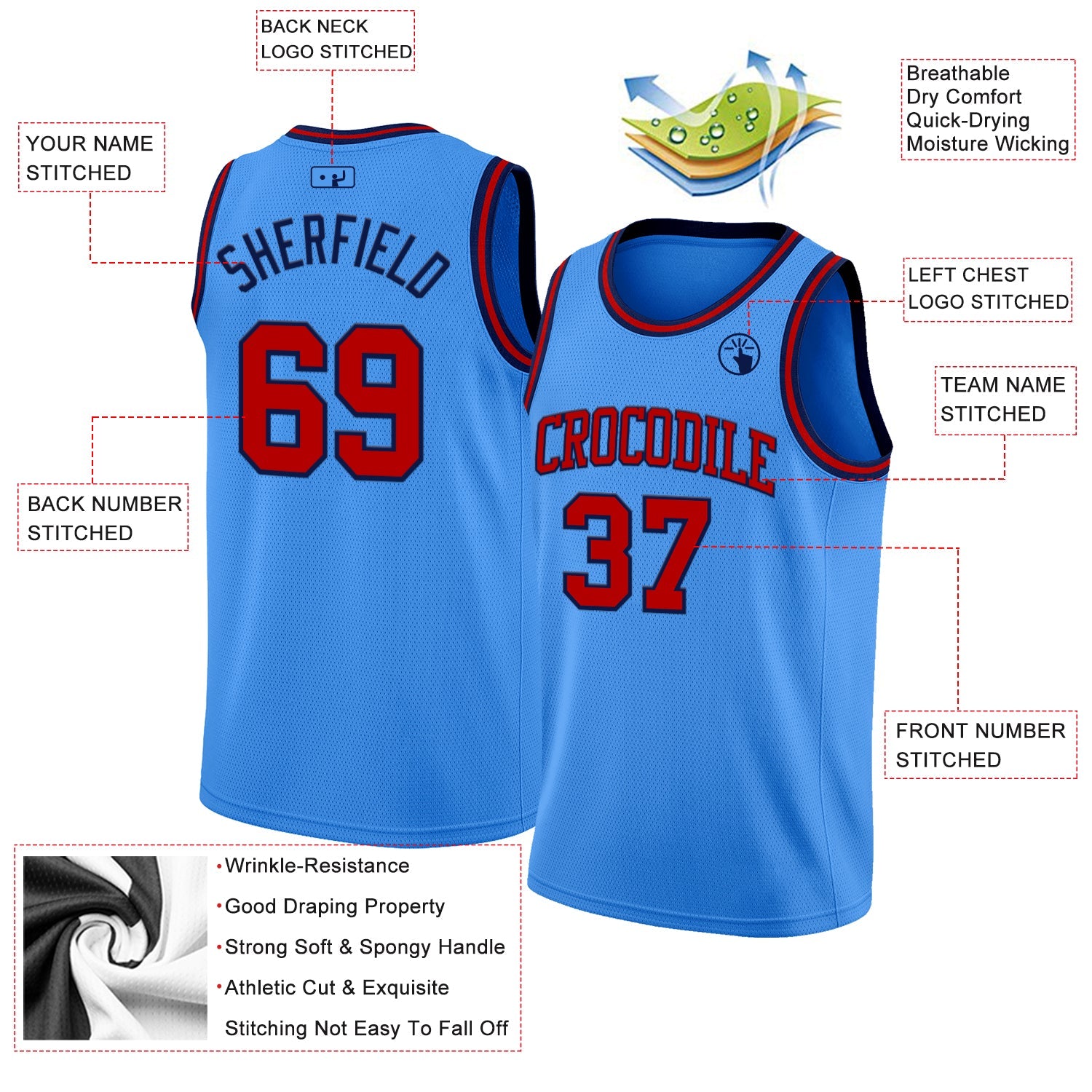 Custom Powder Blue Red-Navy Authentic Basketball Jersey view 2