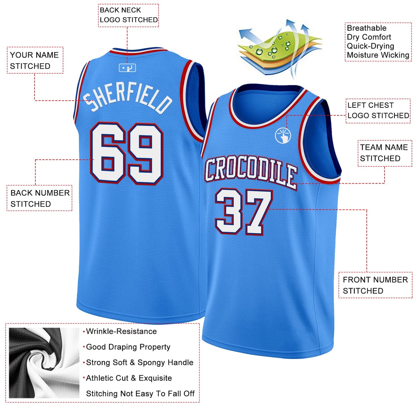 Custom Powder Blue White Royal-Red Authentic Basketball Jersey view 2