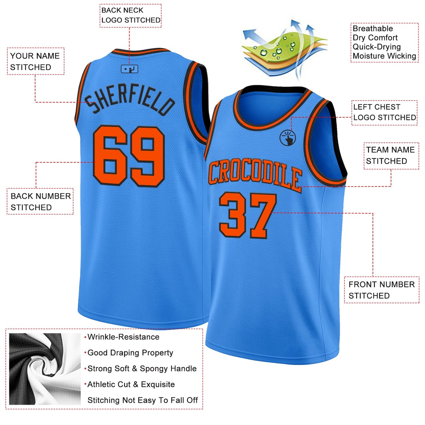 Custom Powder Blue Orange-Black Authentic Basketball Jersey view 2