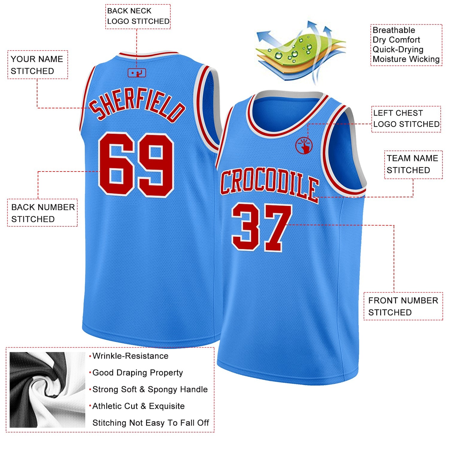 Custom Powder Blue Red-White Authentic Basketball Jersey view 2