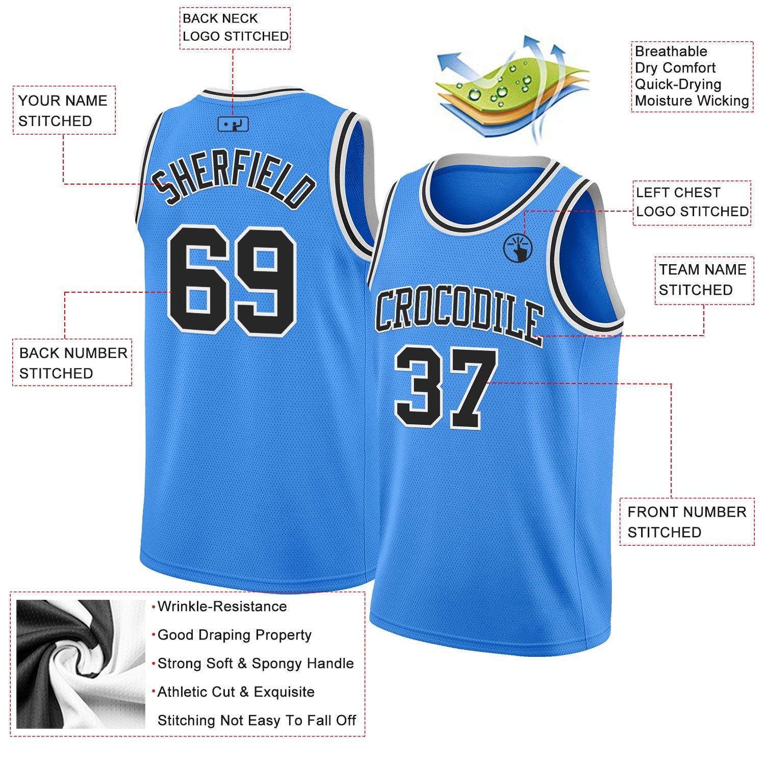Custom Powder Blue Black-White Authentic Basketball Jersey view 2