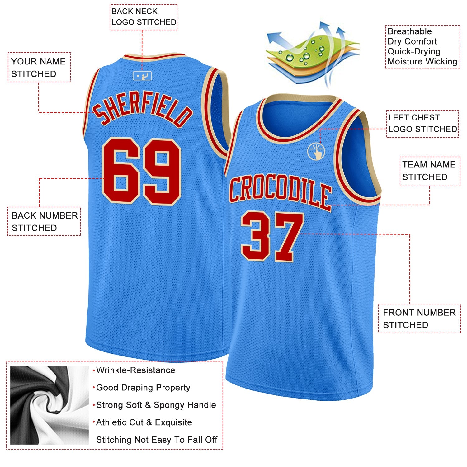Custom Powder Blue Red-Cream Authentic Basketball Jersey view 2
