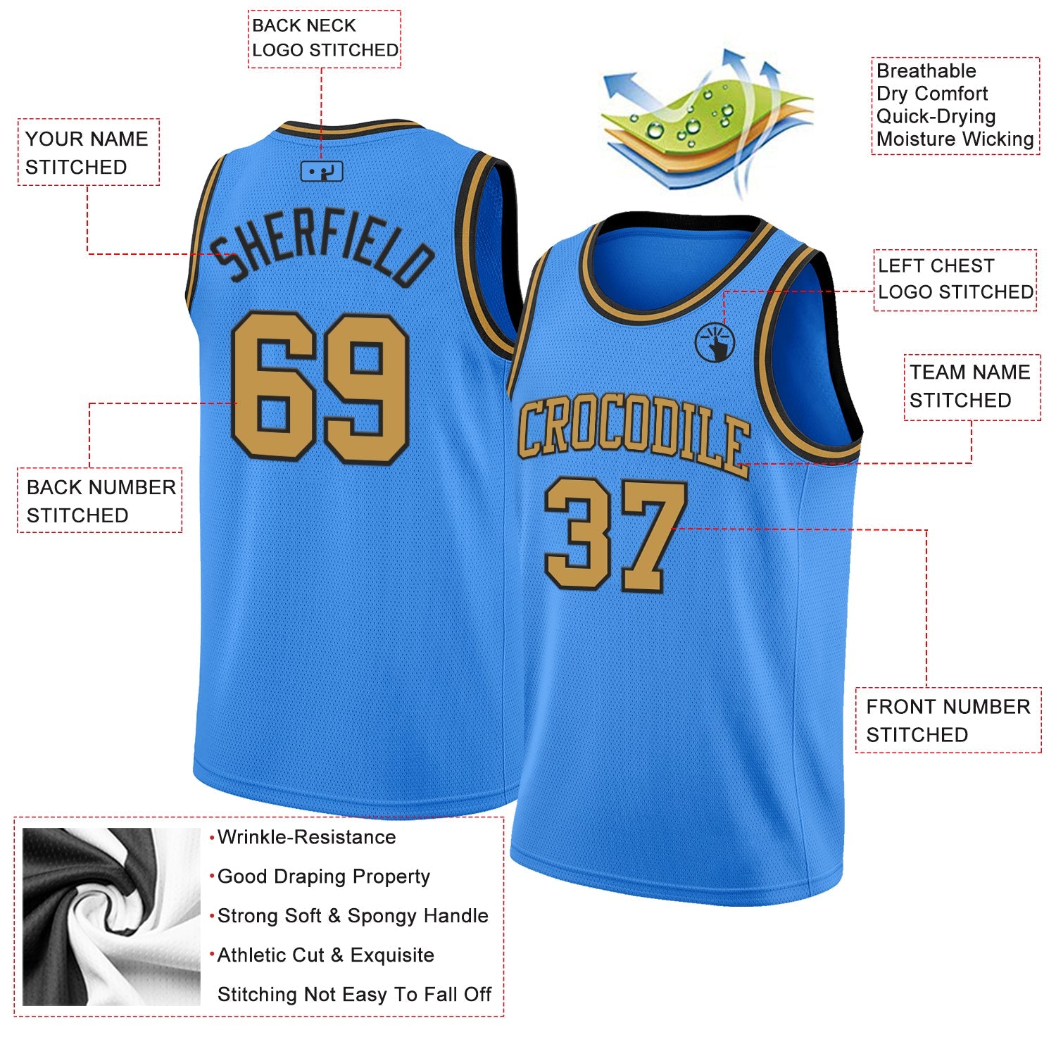 Custom Powder Blue Old Gold-Black Authentic Basketball Jersey view 2