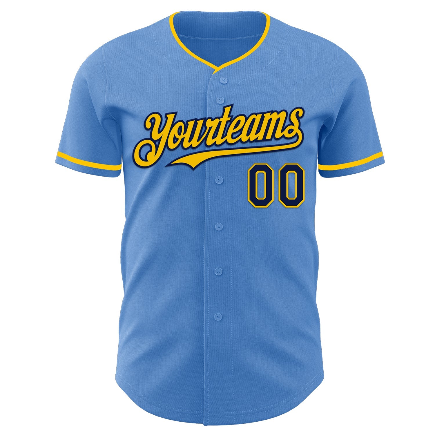 Custom Powder Blue Navy-Yellow Authentic Baseball Jersey view 2