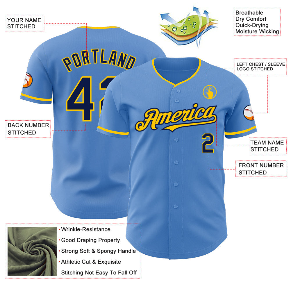 Custom Powder Blue Navy-Yellow Authentic Baseball Jersey view 3