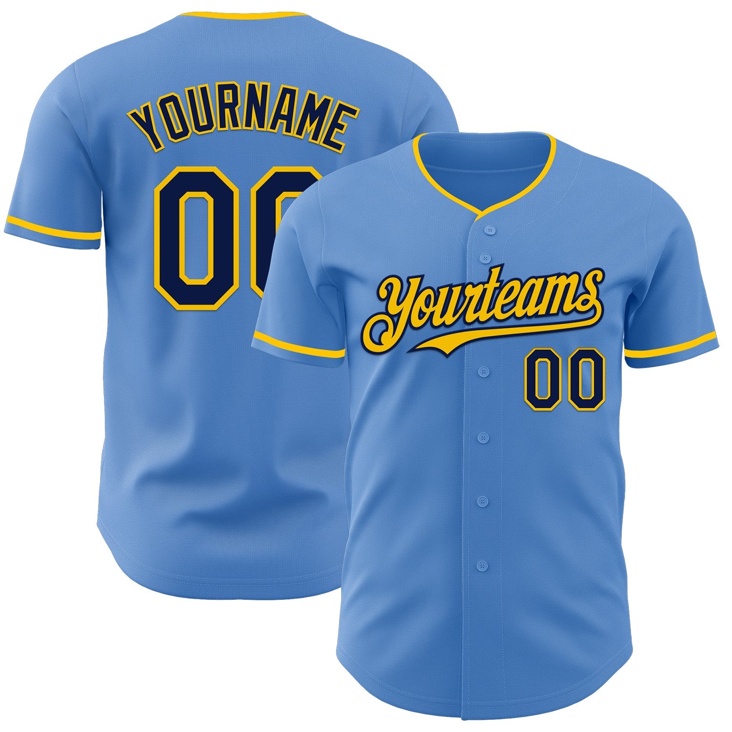 Custom Powder Blue Navy-Yellow Authentic Baseball Jersey - Main View