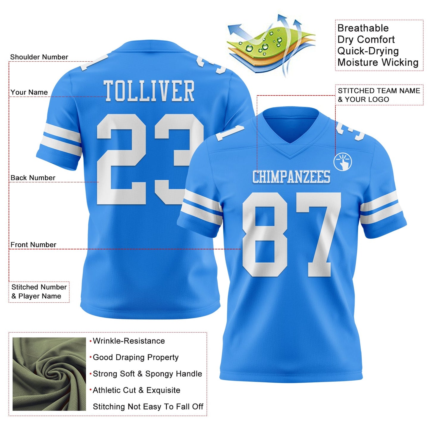 Custom Powder Blue White Authentic Football Jersey view 3