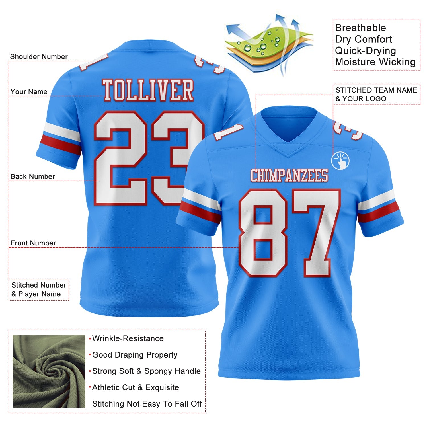 Custom Powder Blue White-Red Authentic Football Jersey view 3