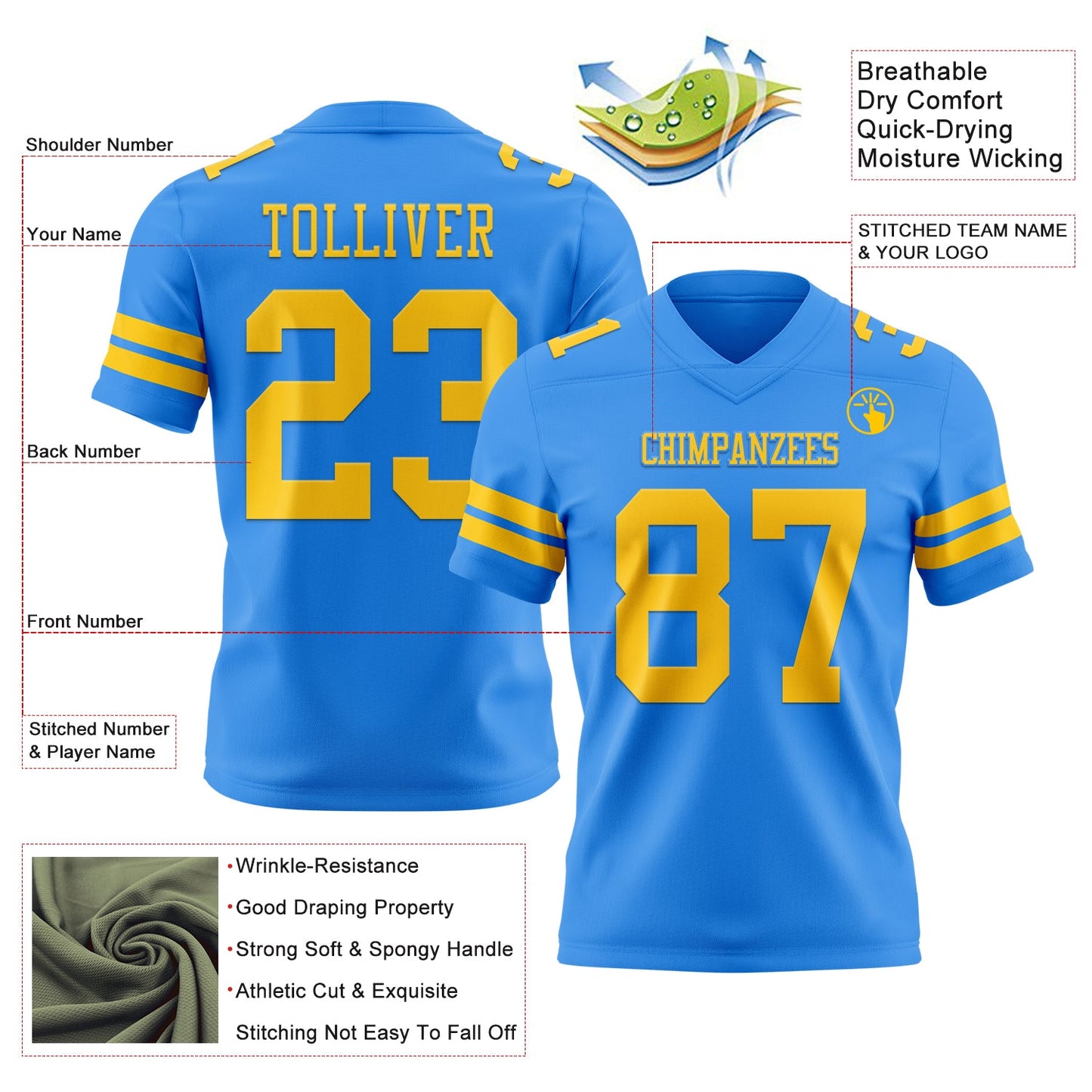 Custom Powder Blue Yellow Authentic Football Jersey view 3