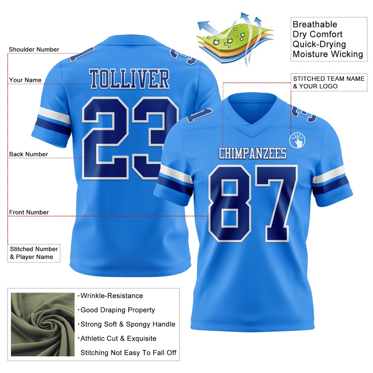 Custom Powder Blue Royal-White Authentic Football Jersey view 3