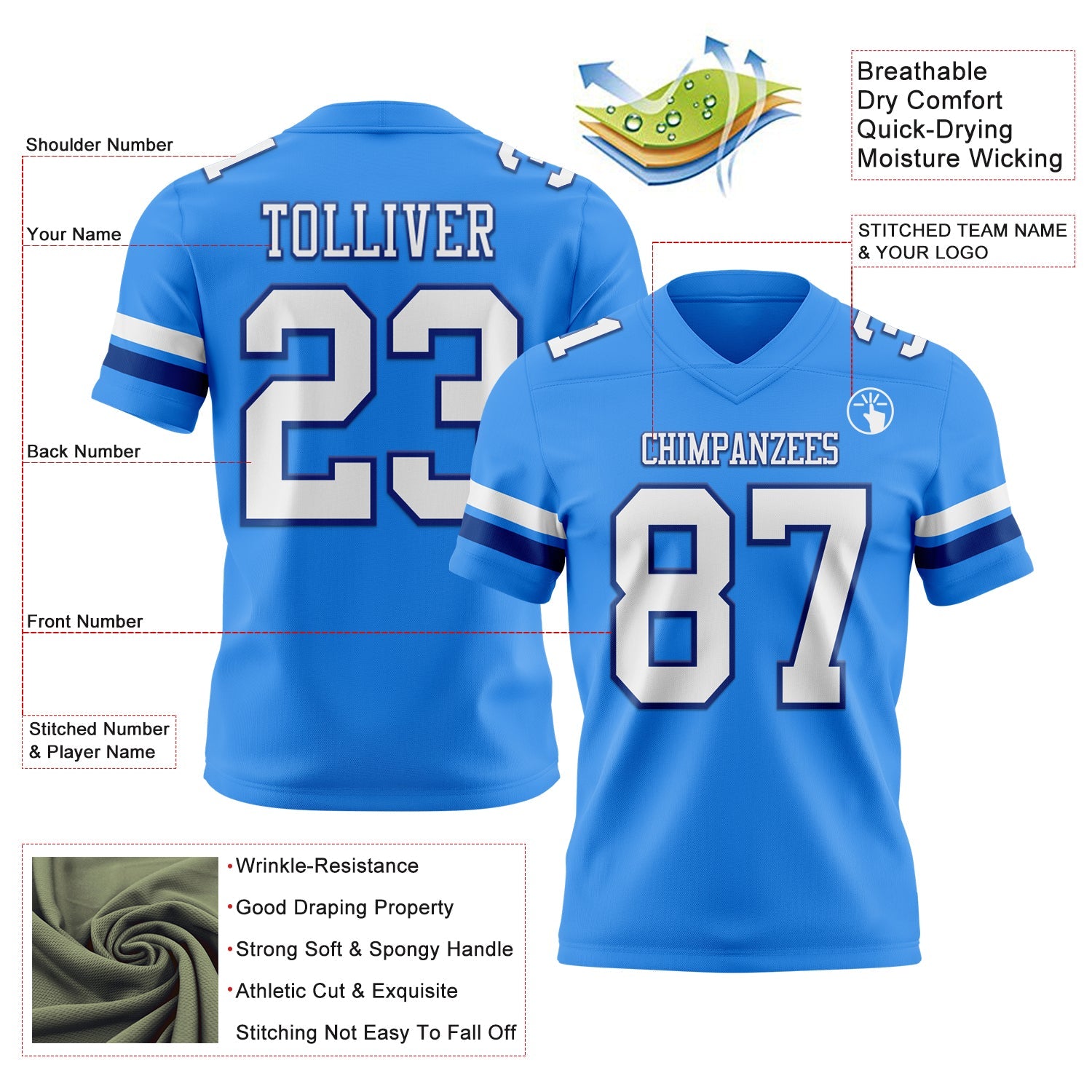 Custom Powder Blue White-Royal Authentic Football Jersey view 3