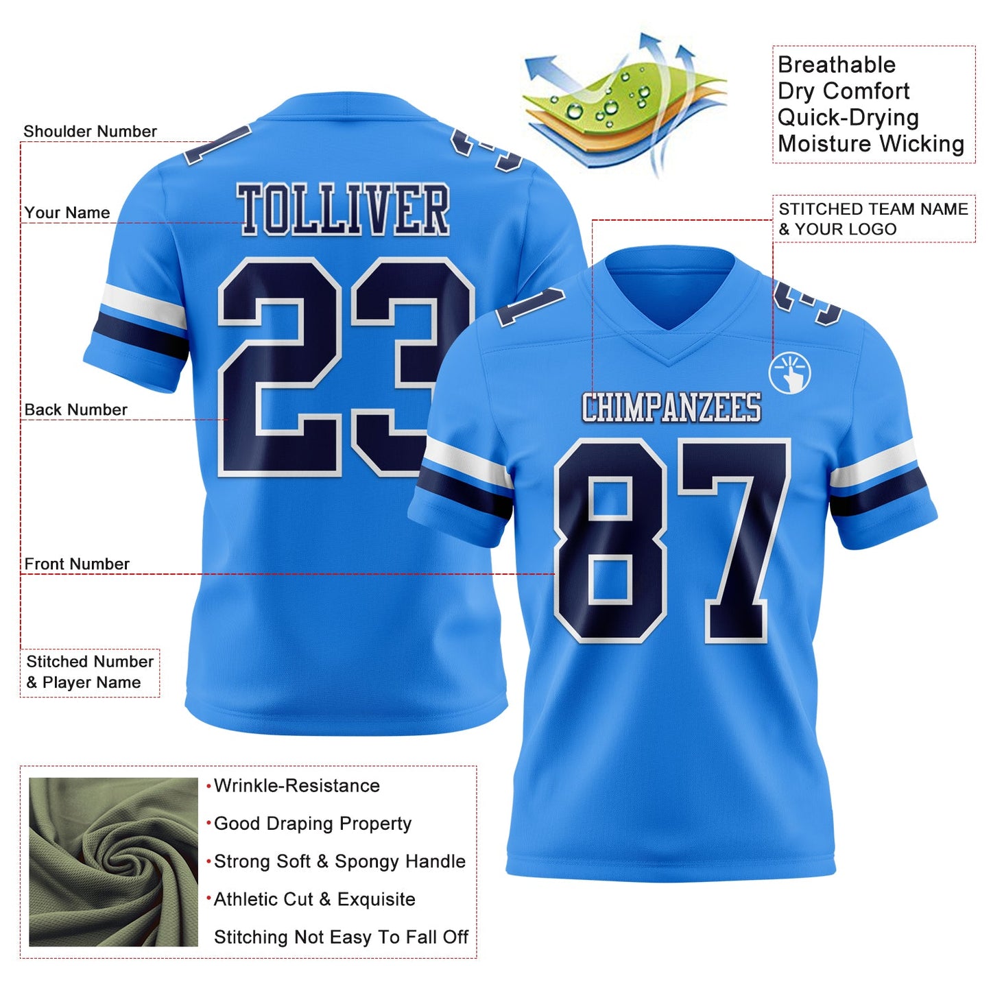 Custom Powder Blue Navy-White Authentic Football Jersey view 3