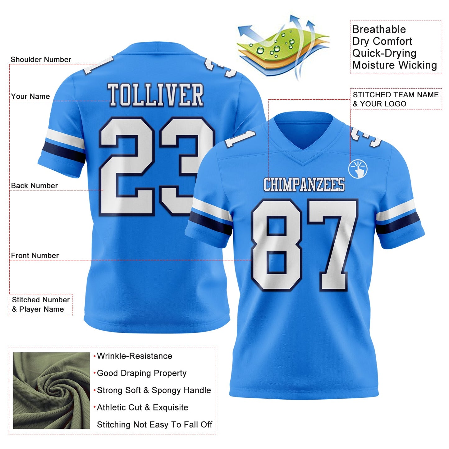 Custom Powder Blue White-Navy Authentic Football Jersey view 3