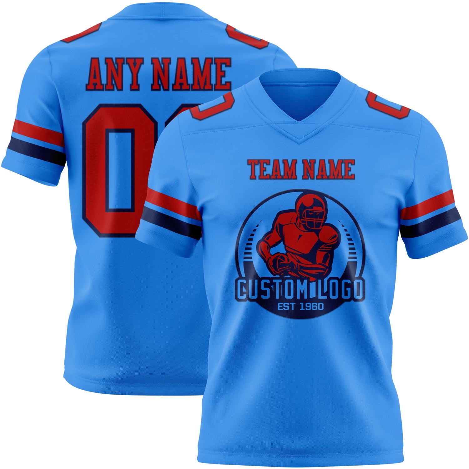 Custom Powder Blue Red-Navy Authentic Football Jersey view 2