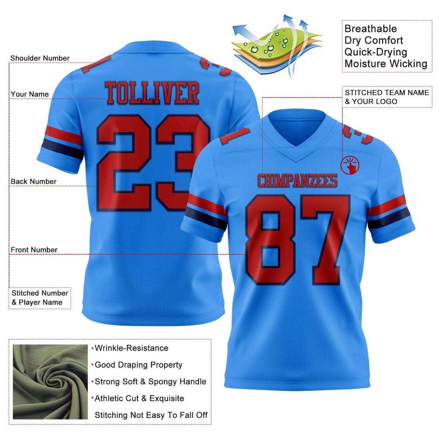 Custom Powder Blue Red-Navy Authentic Football Jersey view 3