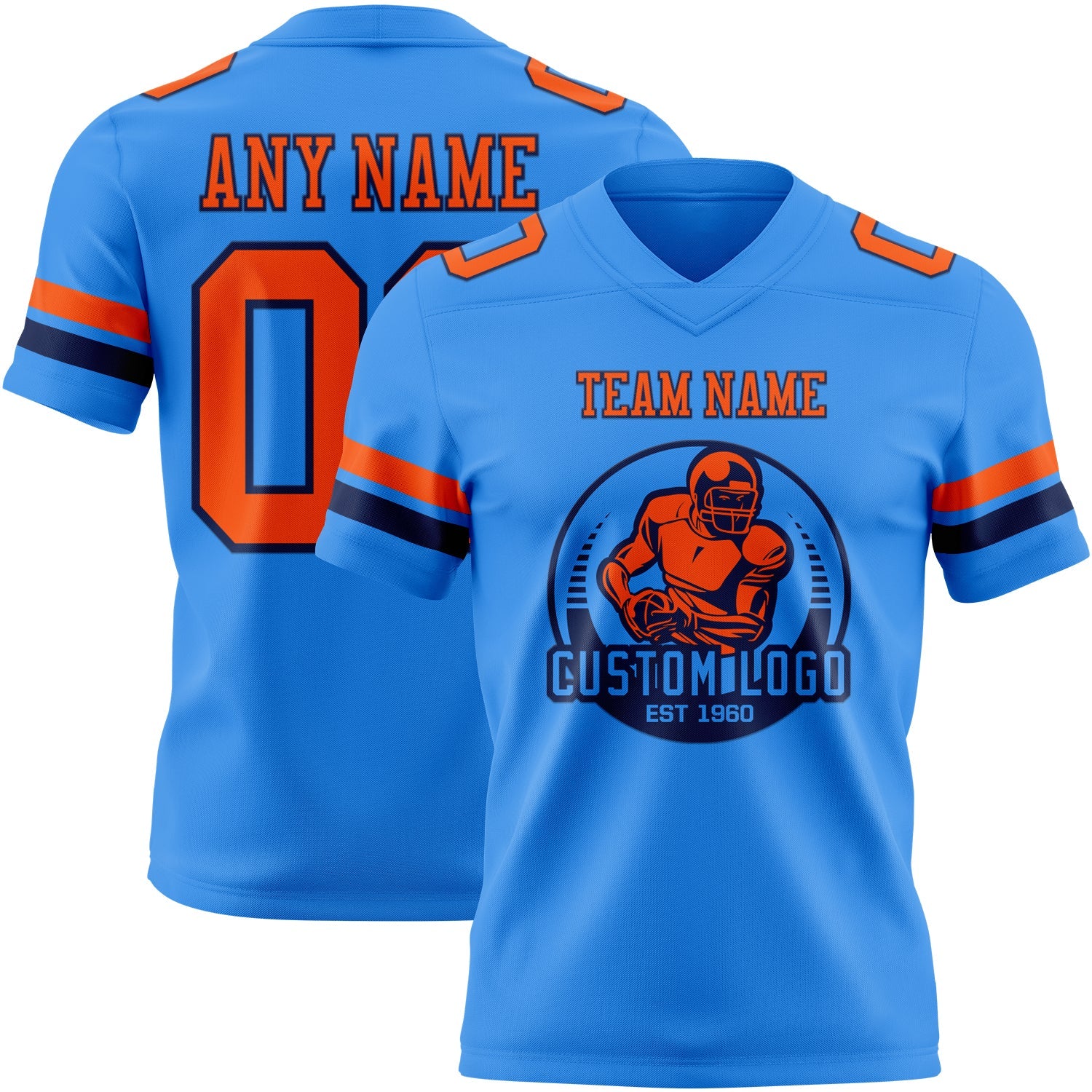 Custom Powder Blue Orange-Navy Authentic Football Jersey view 2