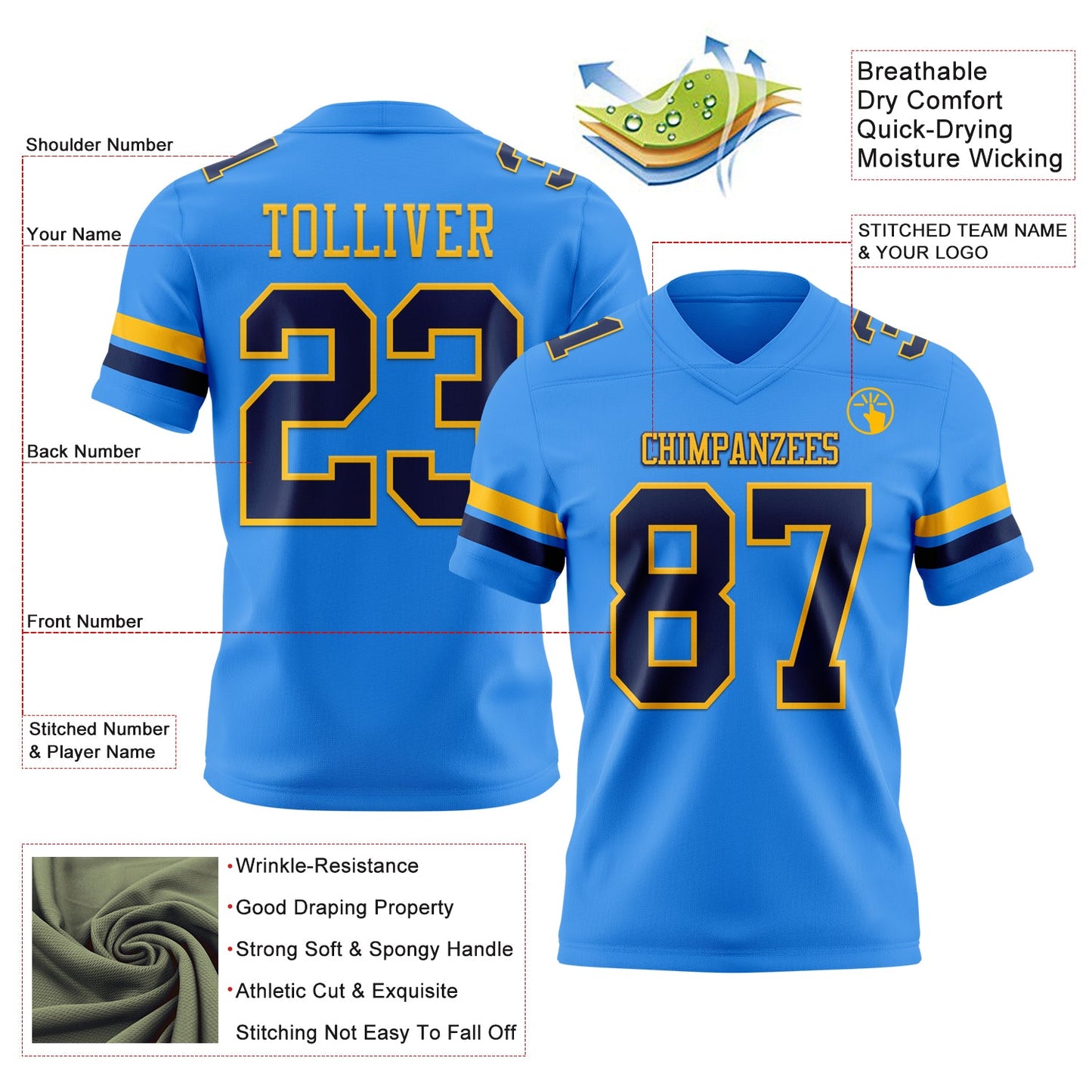 Custom Powder Blue Navy-Gold Authentic Football Jersey view 3