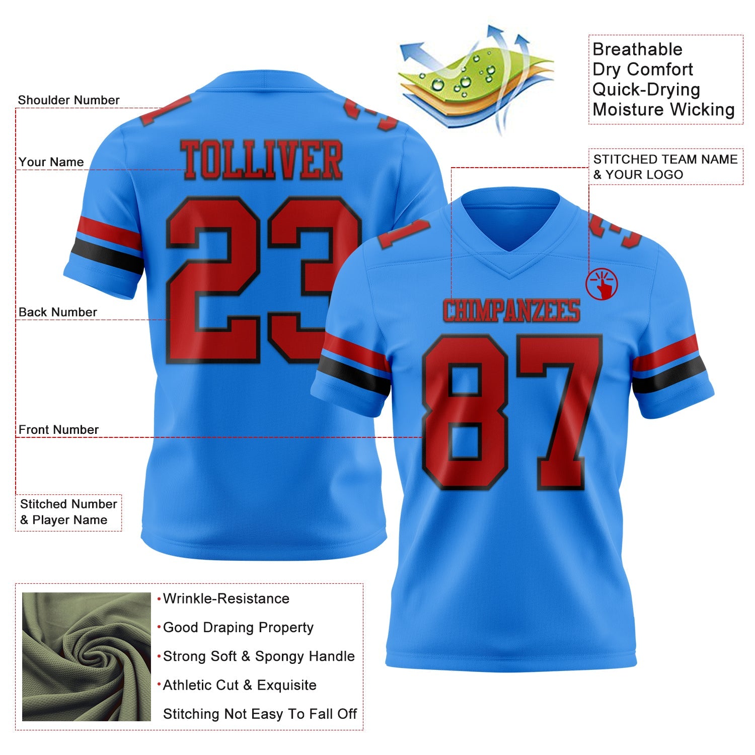 Custom Powder Blue Red-Black Authentic Football Jersey view 3