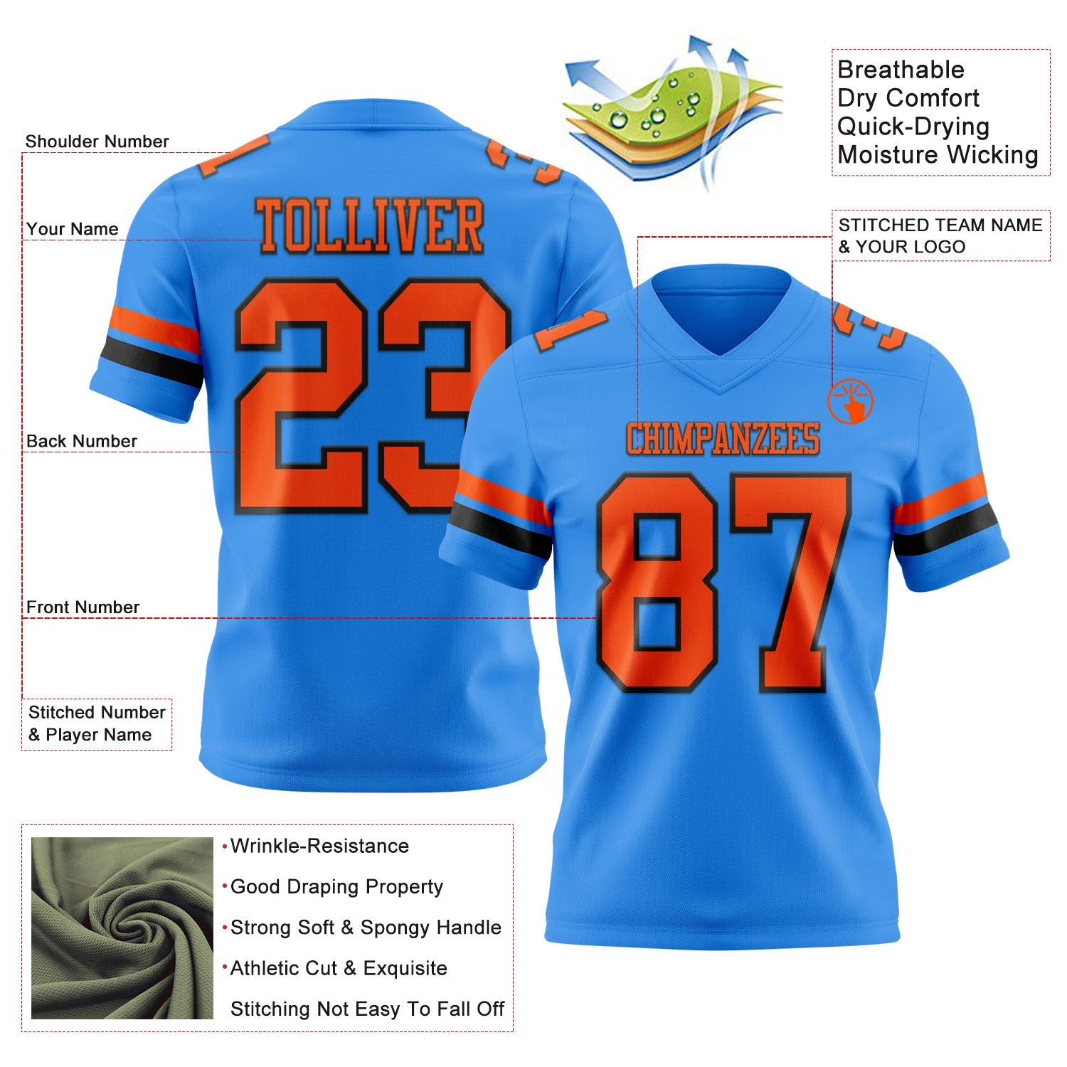 Custom Powder Blue Orange-Black Authentic Football Jersey view 3