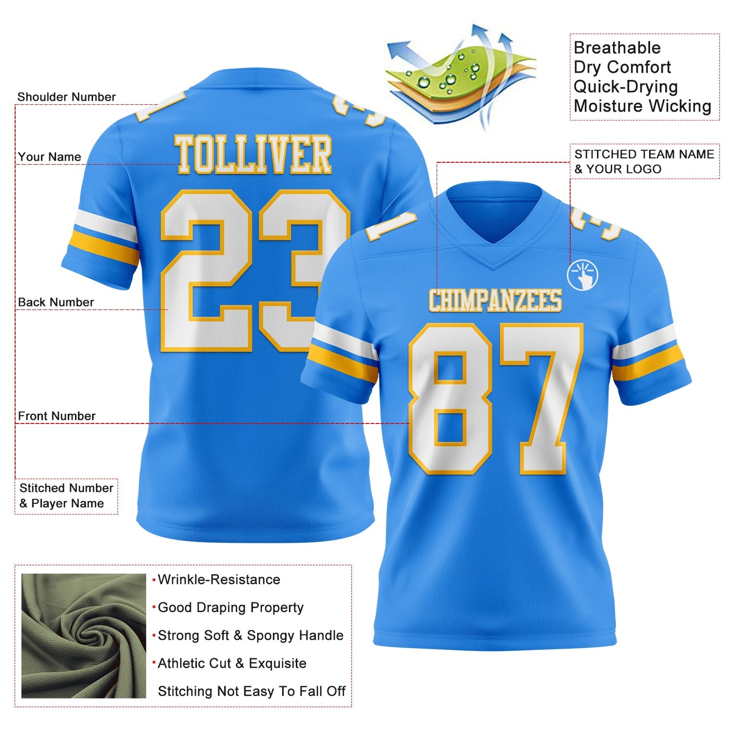 Custom Powder Blue White-Gold Authentic Football Jersey view 3