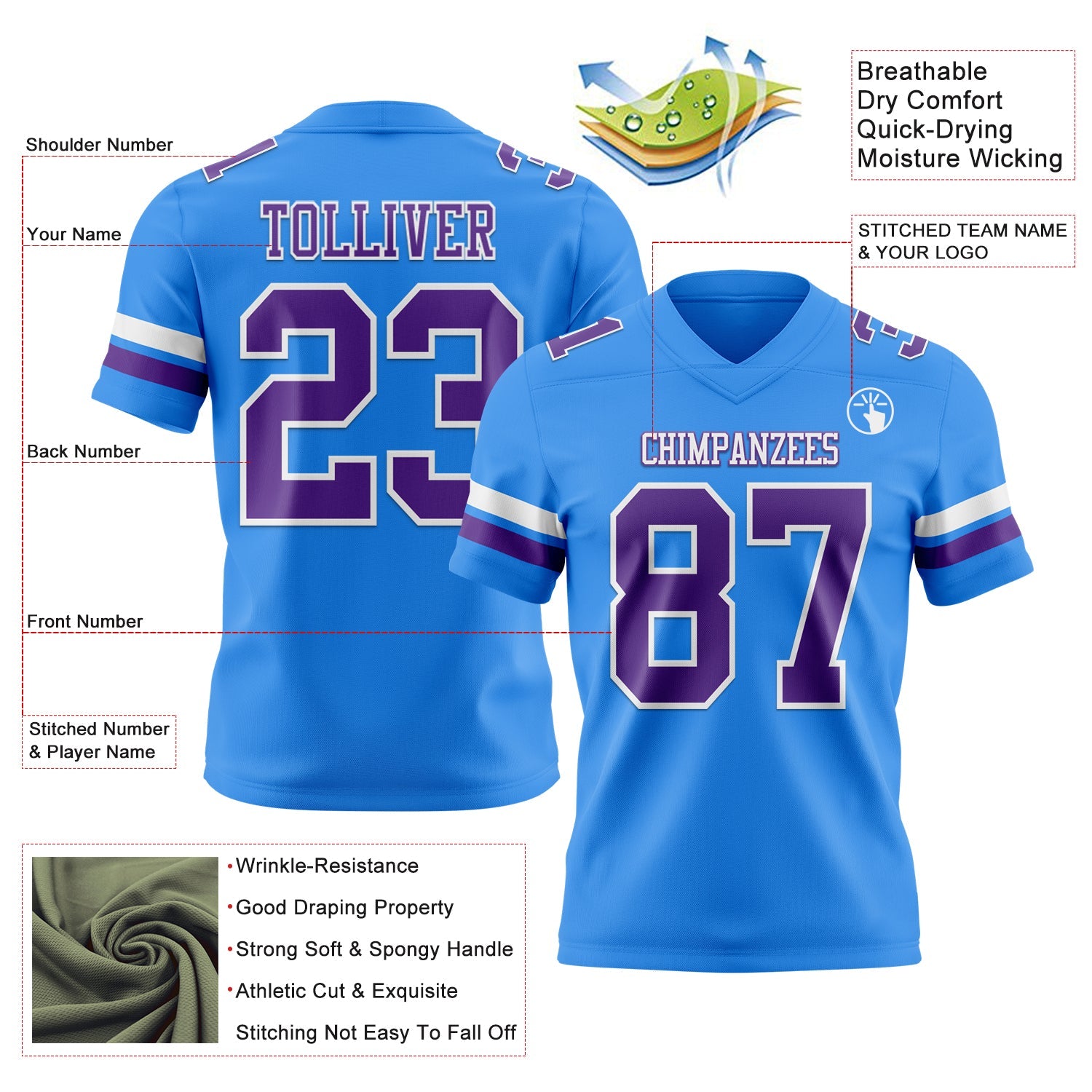 Custom Powder Blue Purple-White Authentic Football Jersey view 3
