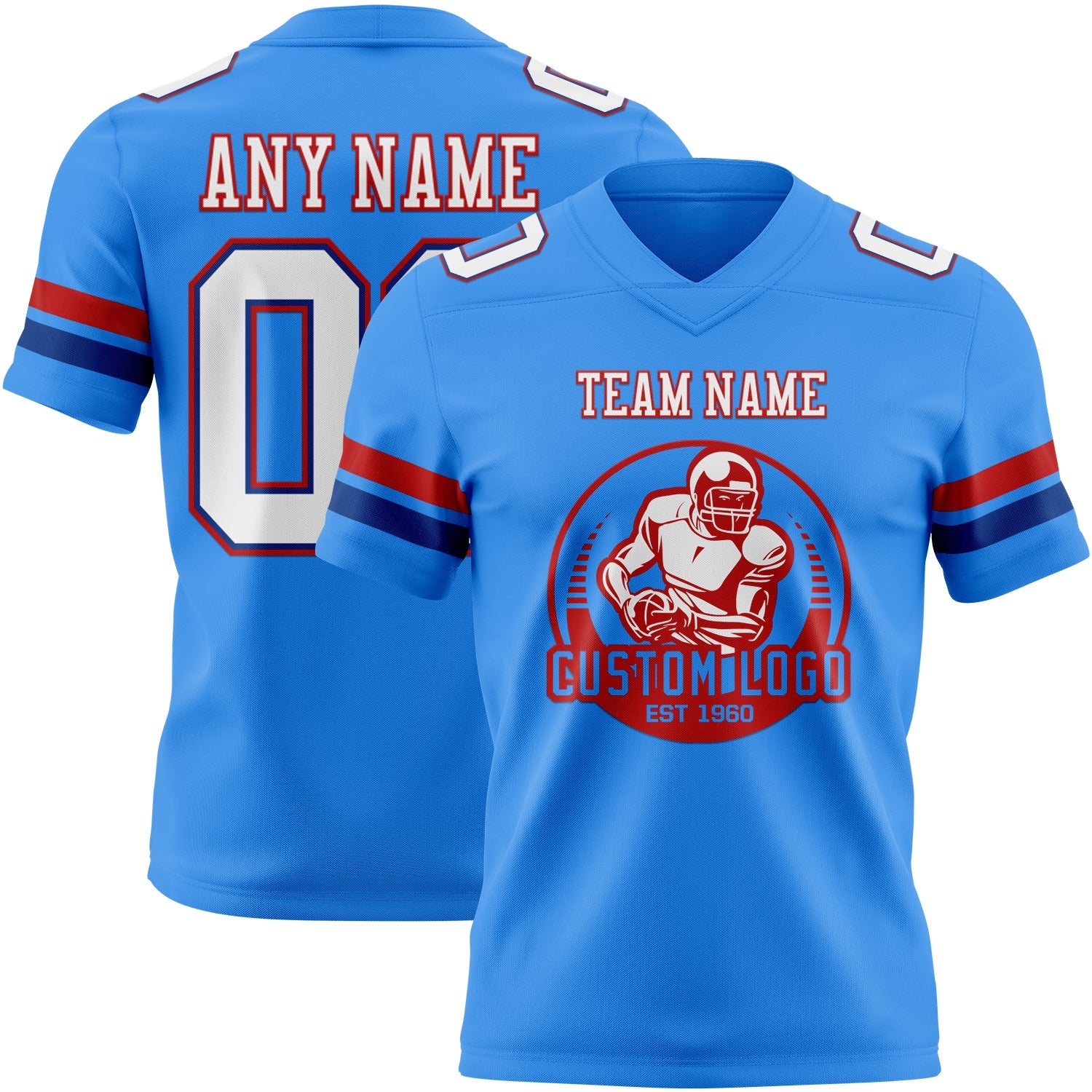 Custom Powder Blue White Royal-Red Authentic Football Jersey view 2