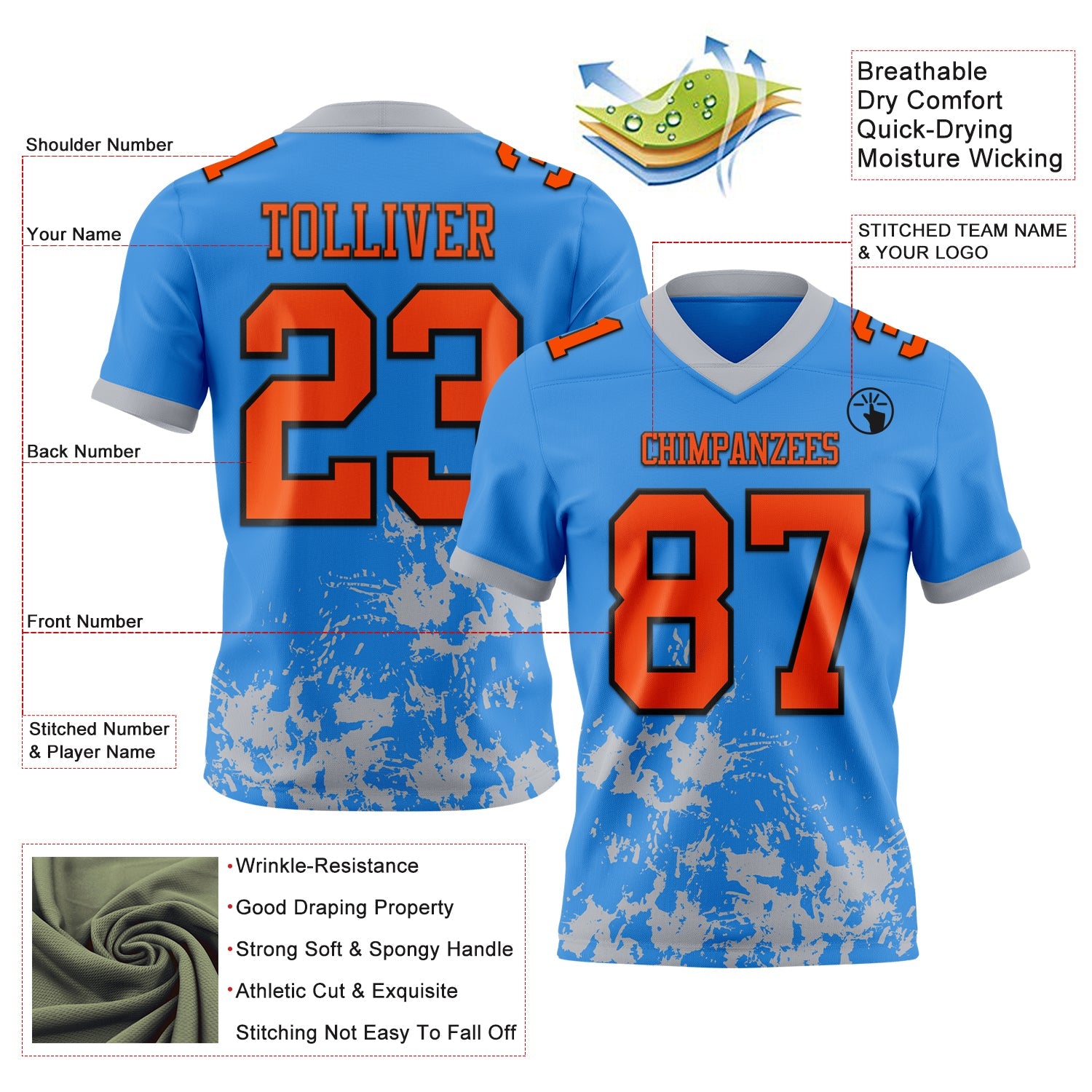 Custom Powder Blue Orange Gray-Black 3D Pattern Splash Authentic Football Jersey view 3