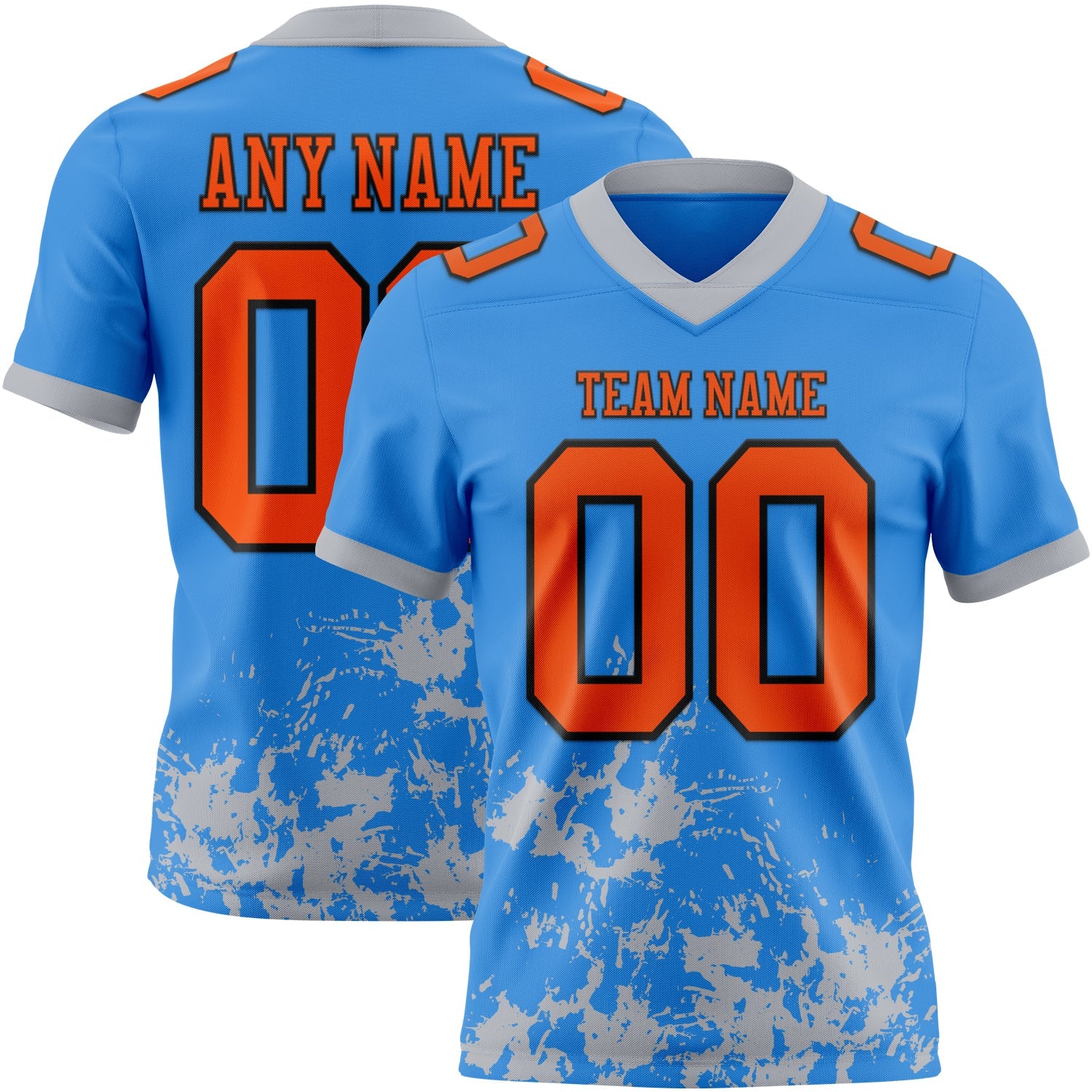 Custom Powder Blue Orange Gray-Black 3D Pattern Splash Authentic Football Jersey - Main View