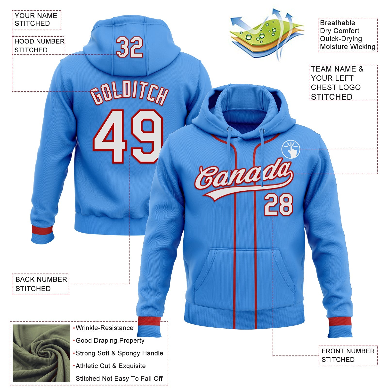 Custom Stitched Powder Blue White-Red Baseball Pullover Sweatshirt Hoodie view 2
