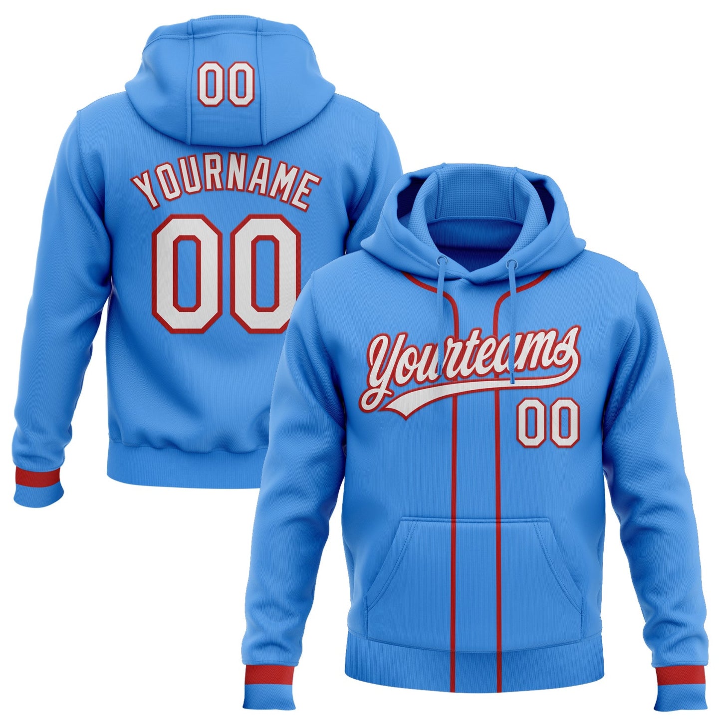 Custom Stitched Powder Blue White-Red Baseball Pullover Sweatshirt Hoodie - Main View
