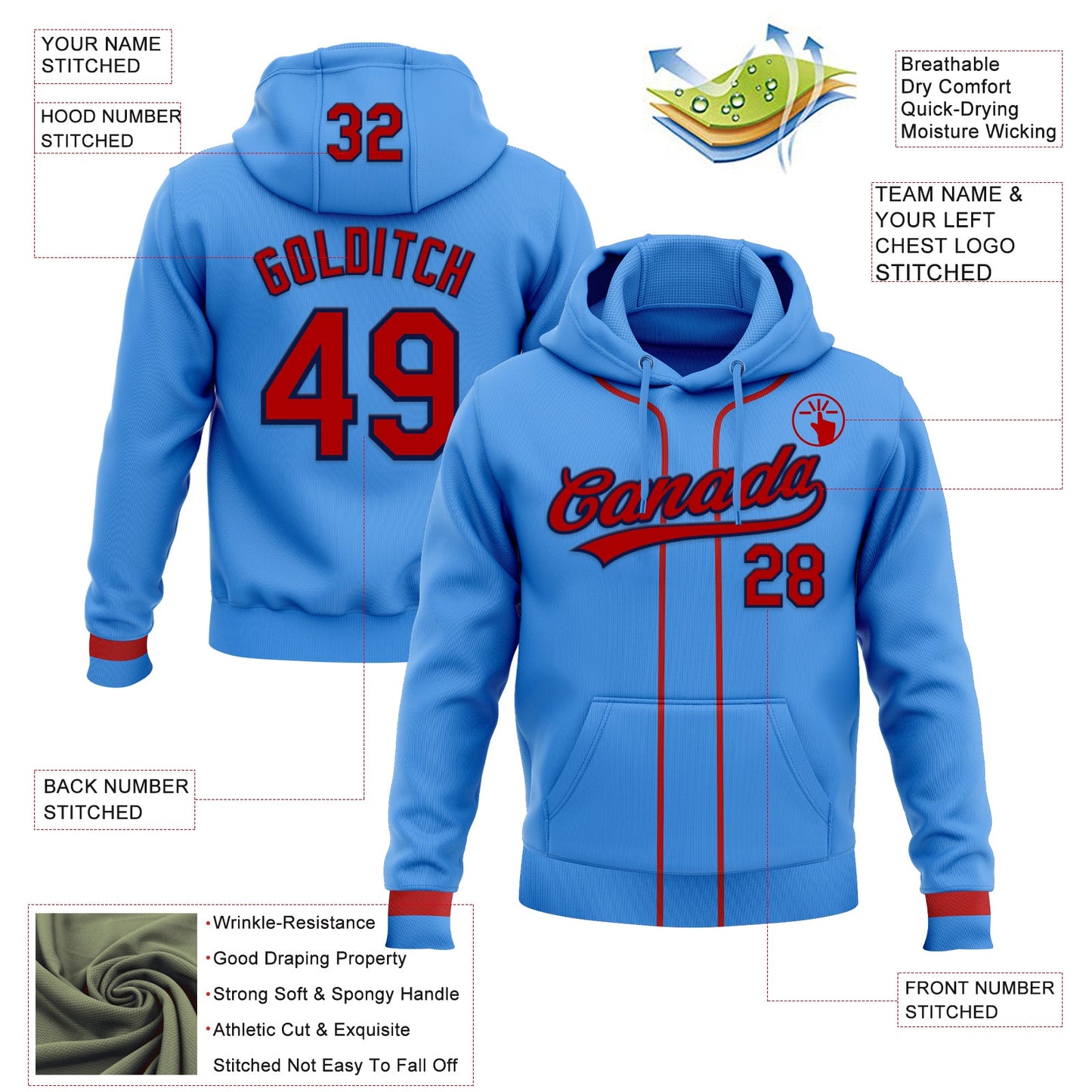 Custom Stitched Powder Blue Red-Navy Baseball Pullover Sweatshirt Hoodie view 2