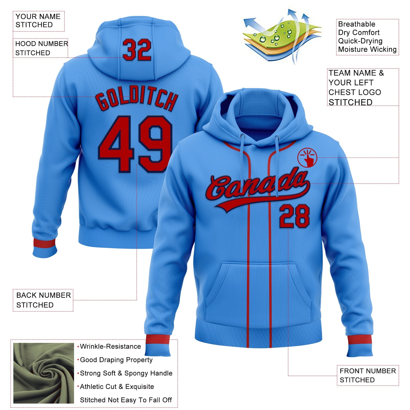 Custom Stitched Powder Blue Red-Navy Baseball Pullover Sweatshirt Hoodie view 2