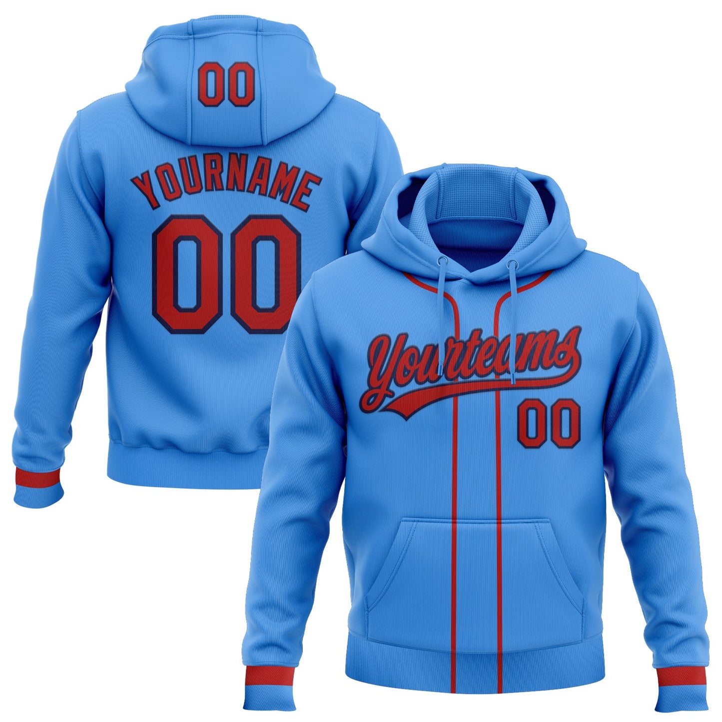 Custom Stitched Powder Blue Red-Navy Baseball Pullover Sweatshirt Hoodie - Main View