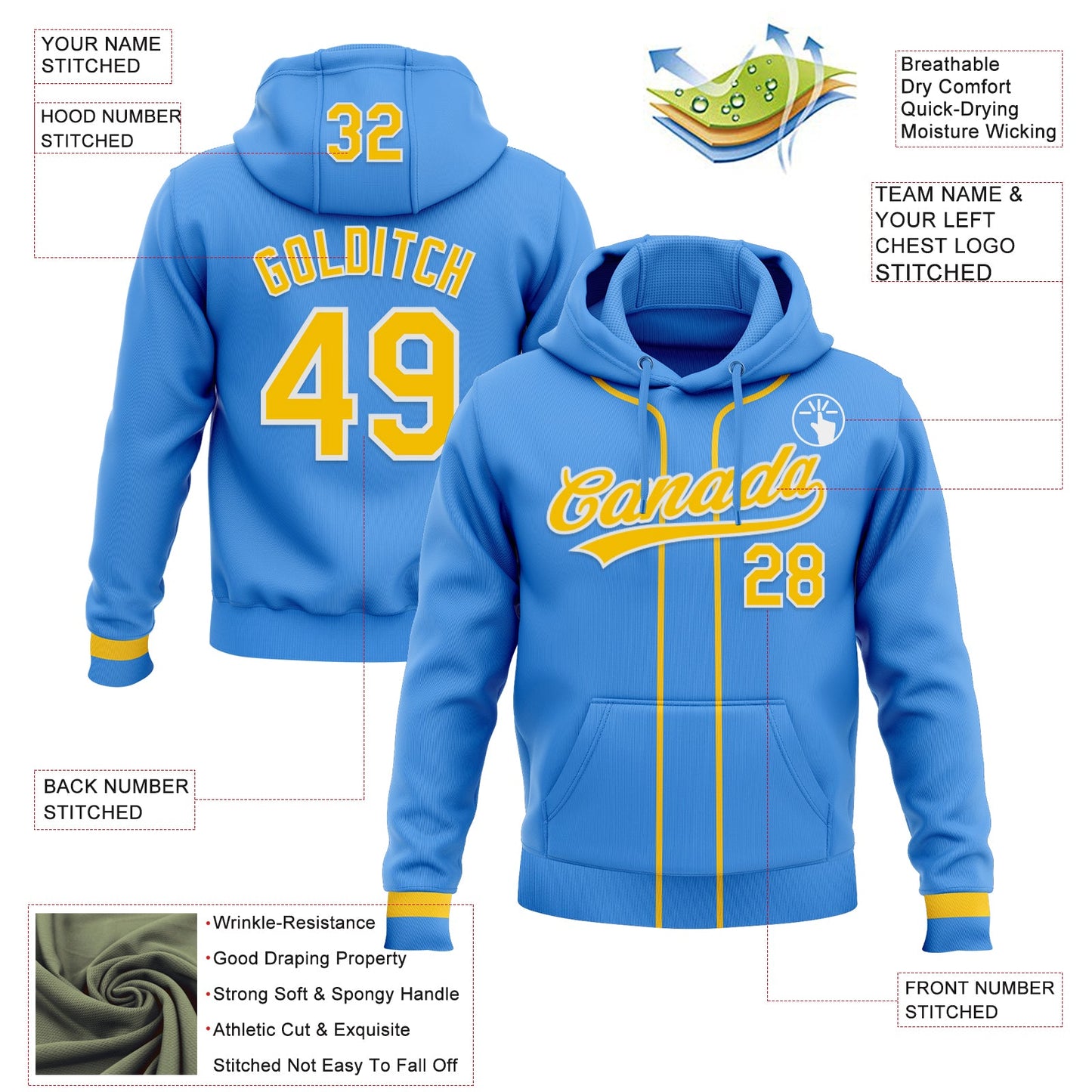 Custom Stitched Powder Blue Yellow-White Baseball Pullover Sweatshirt Hoodie view 2