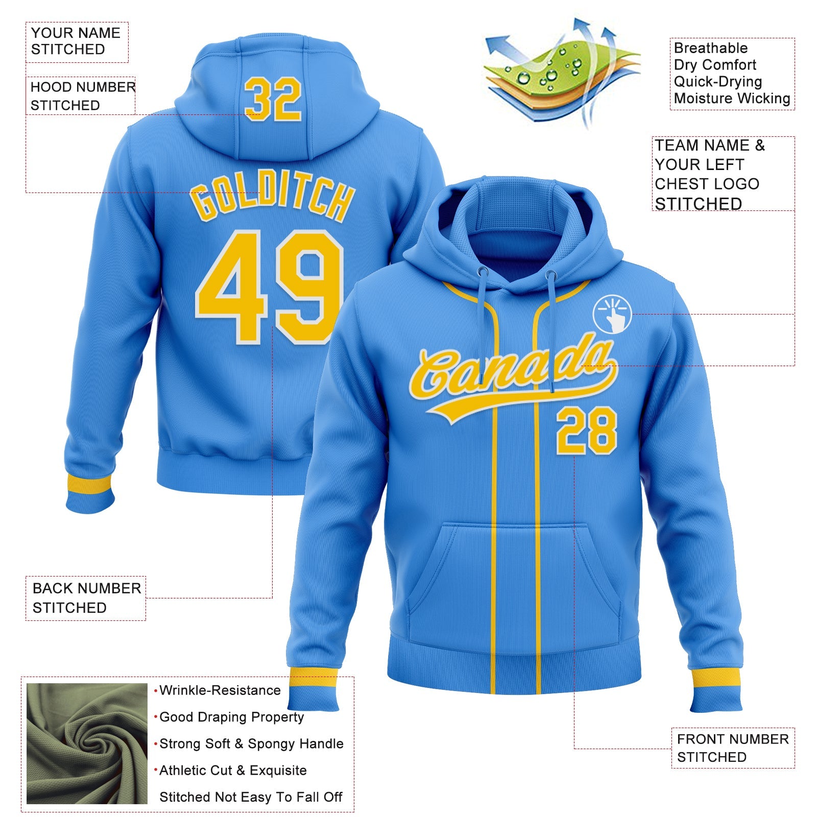 Custom Stitched Powder Blue Yellow-White Baseball Pullover Sweatshirt Hoodie view 2