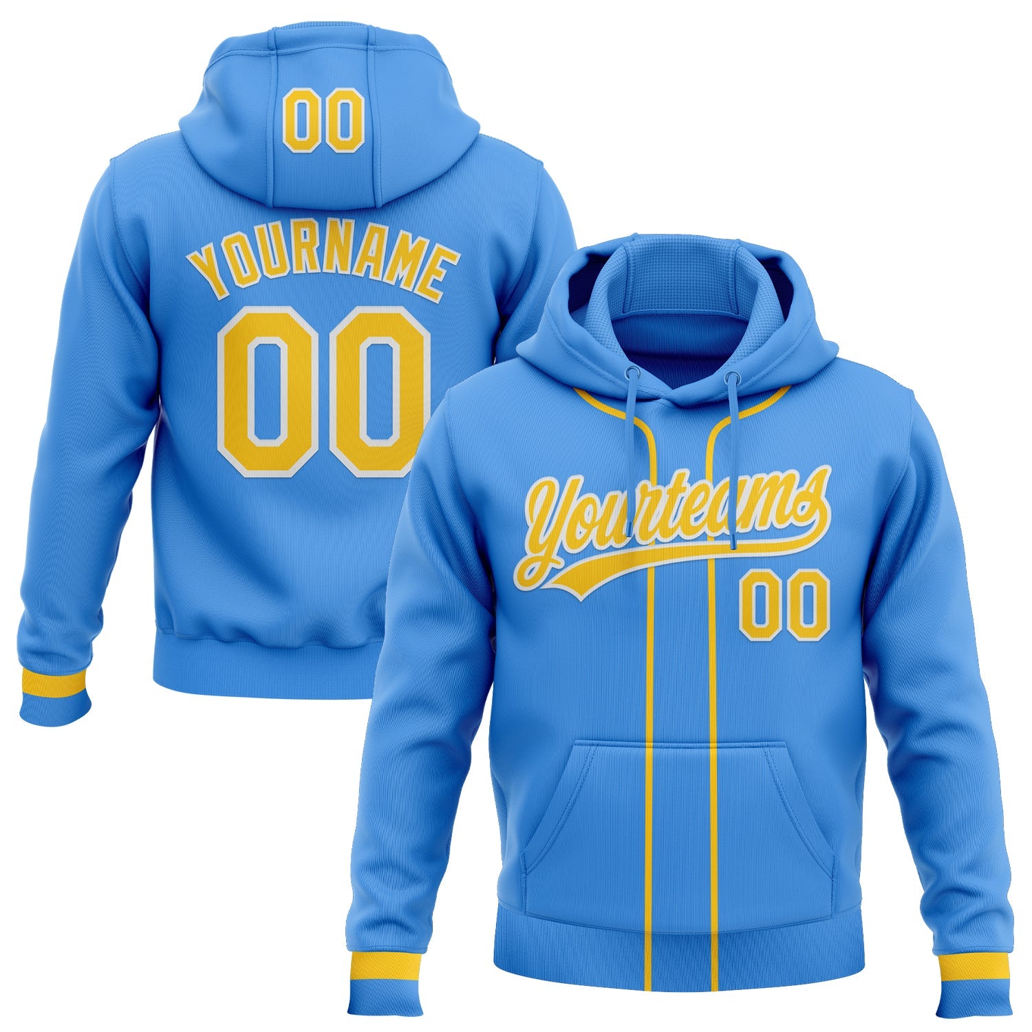 Custom Stitched Powder Blue Yellow-White Baseball Pullover Sweatshirt Hoodie - Main View
