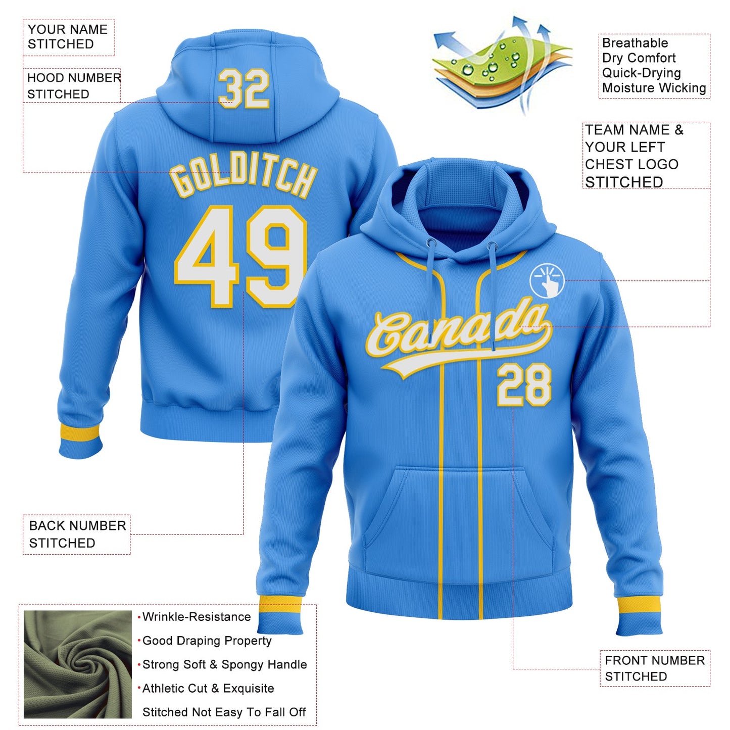 Custom Stitched Powder Blue White-Yellow Baseball Pullover Sweatshirt Hoodie view 2