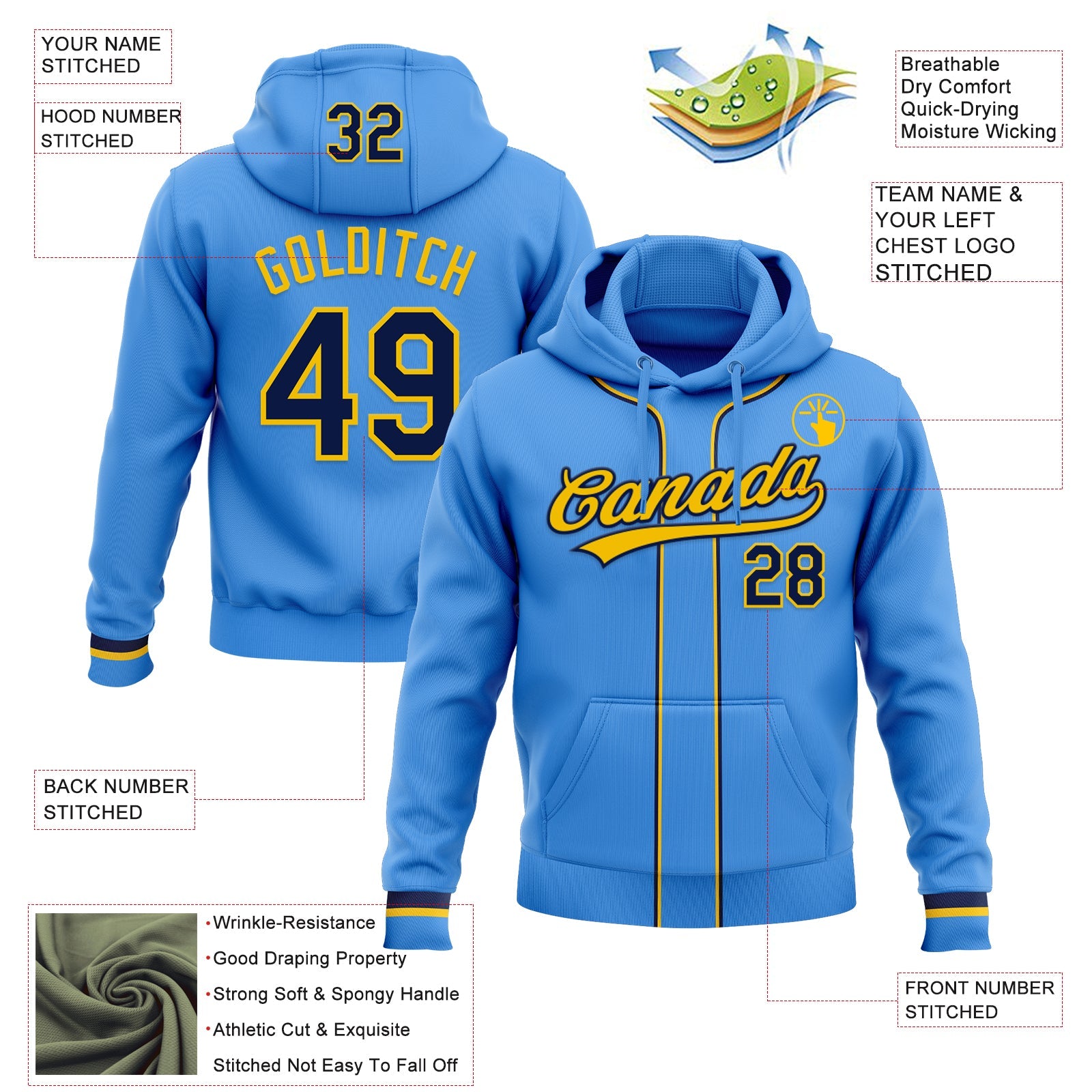 Custom Stitched Powder Blue Navy-Yellow Baseball Pullover Sweatshirt Hoodie view 2