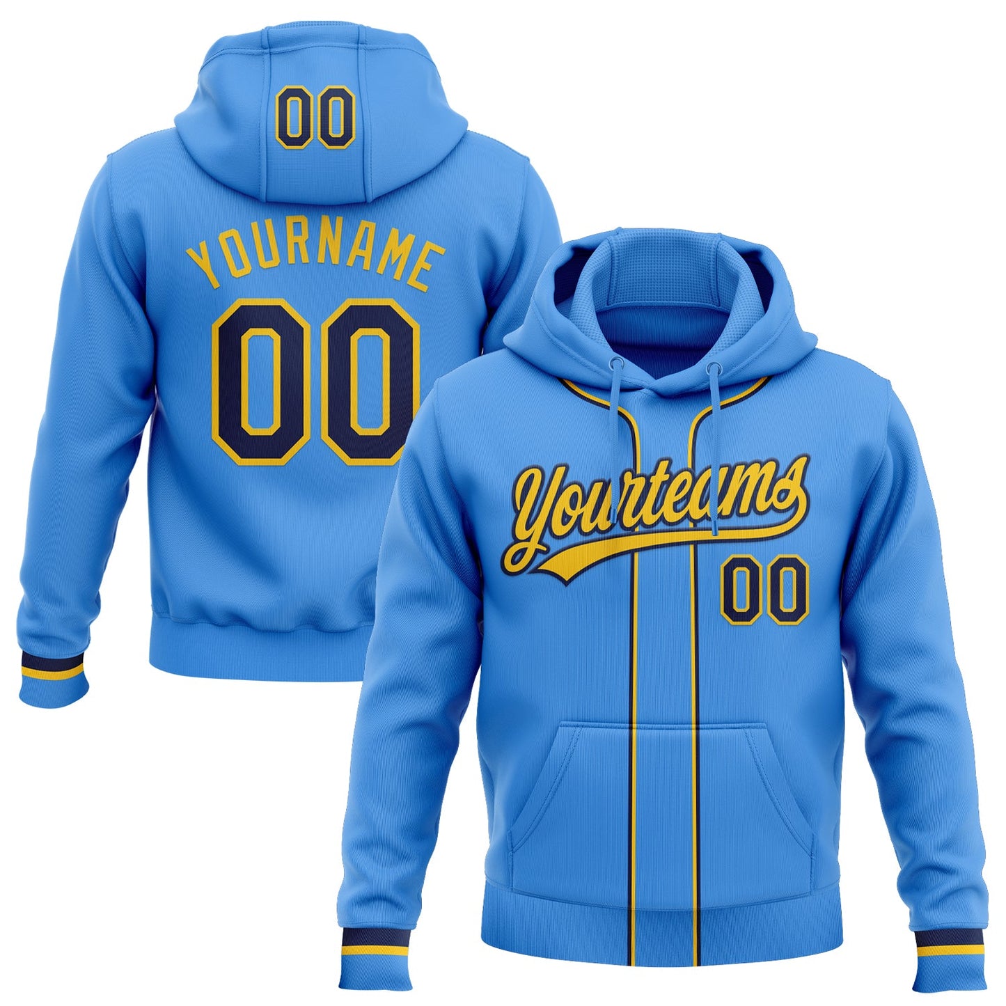 Custom Stitched Powder Blue Navy-Yellow Baseball Pullover Sweatshirt Hoodie - Main View