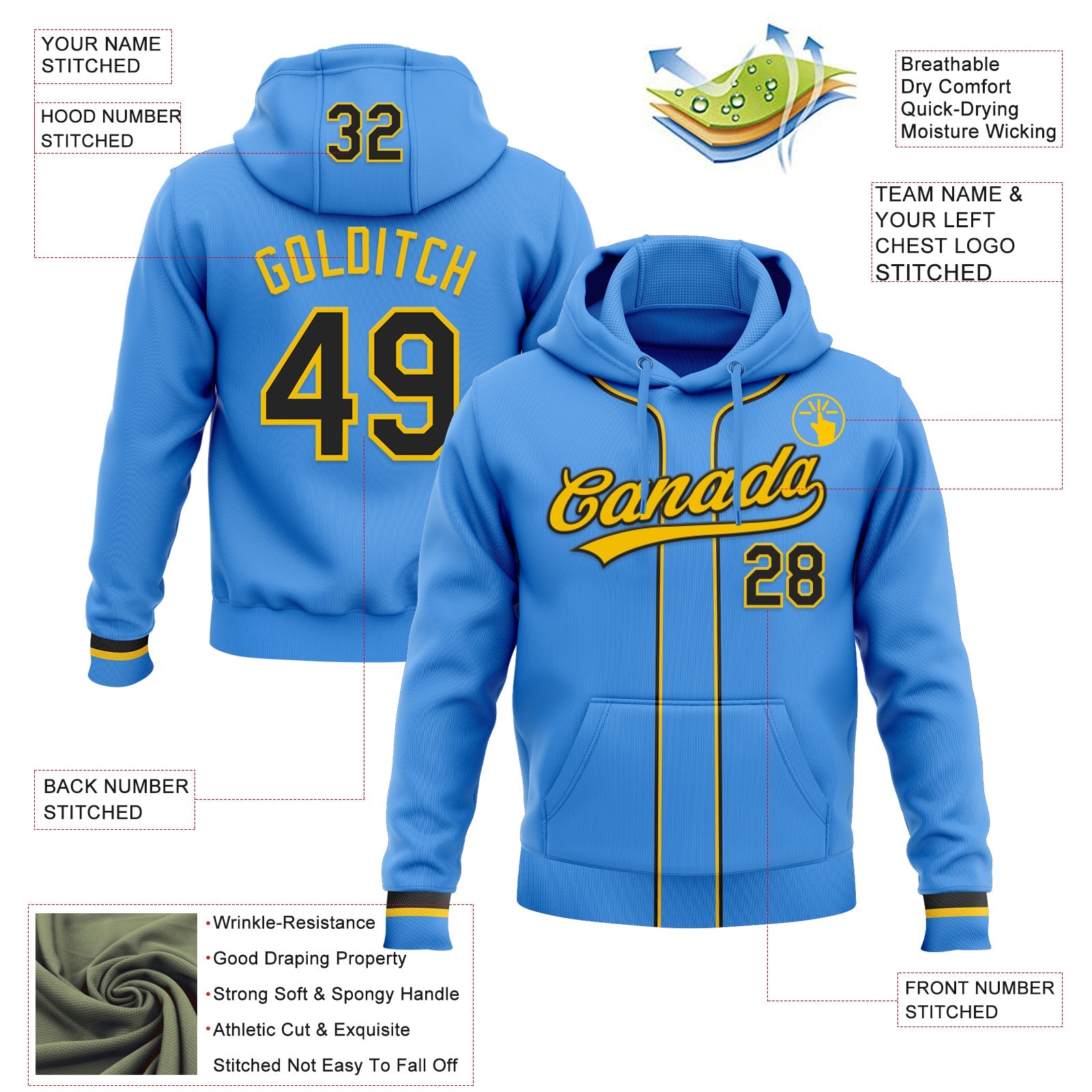 Custom Stitched Powder Blue Black-Yellow Baseball Pullover Sweatshirt Hoodie view 2