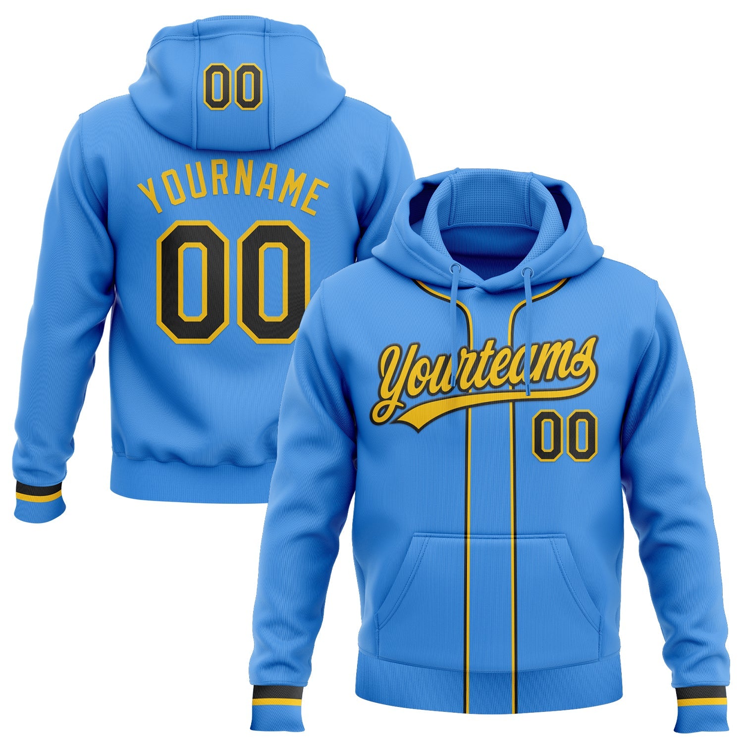 Custom Stitched Powder Blue Black-Yellow Baseball Pullover Sweatshirt Hoodie - Main View