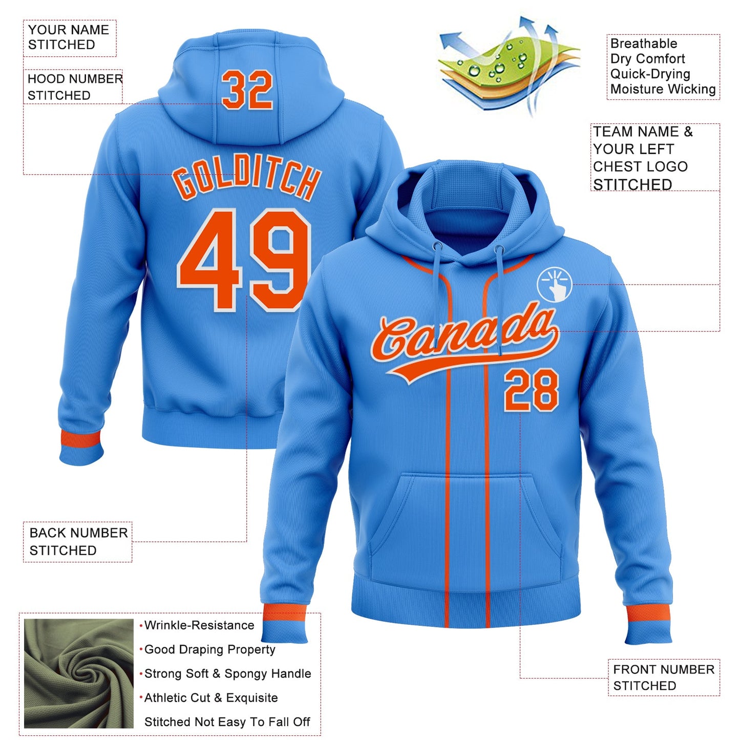 Custom Stitched Powder Blue Orange-White Baseball Pullover Sweatshirt Hoodie view 2