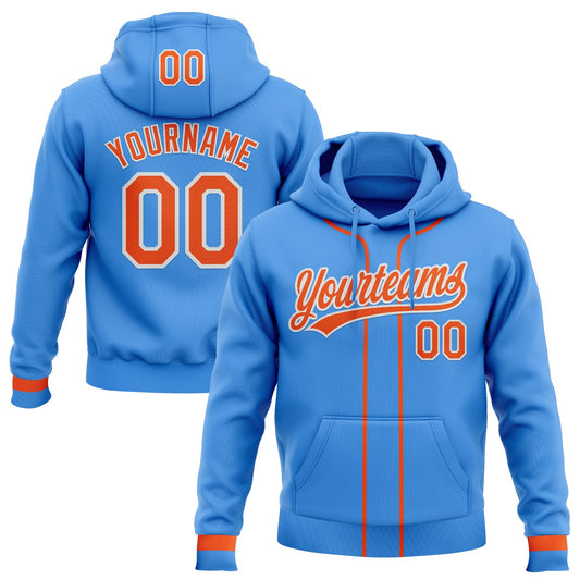 Custom Stitched Powder Blue Orange-White Baseball Pullover Sweatshirt Hoodie - Main View