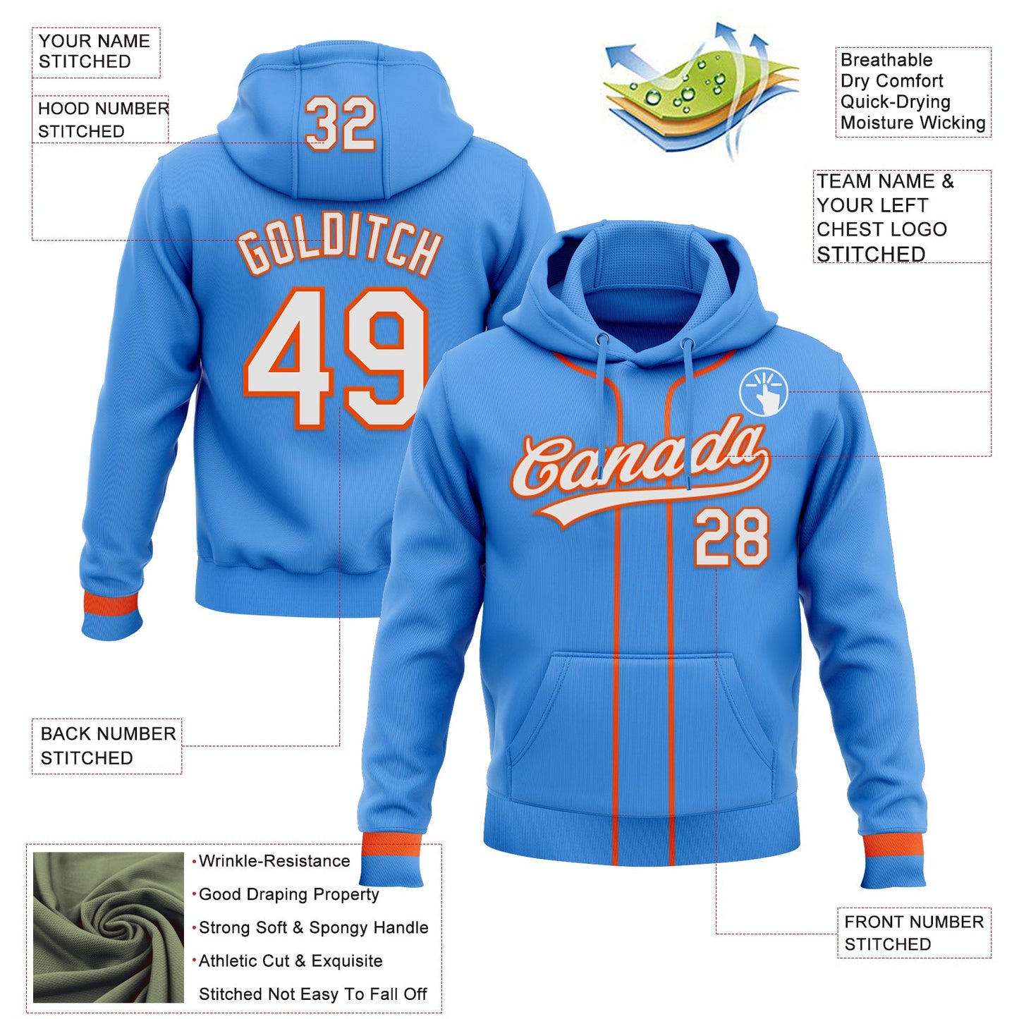 Custom Stitched Powder Blue White-Orange Baseball Pullover Sweatshirt Hoodie view 2