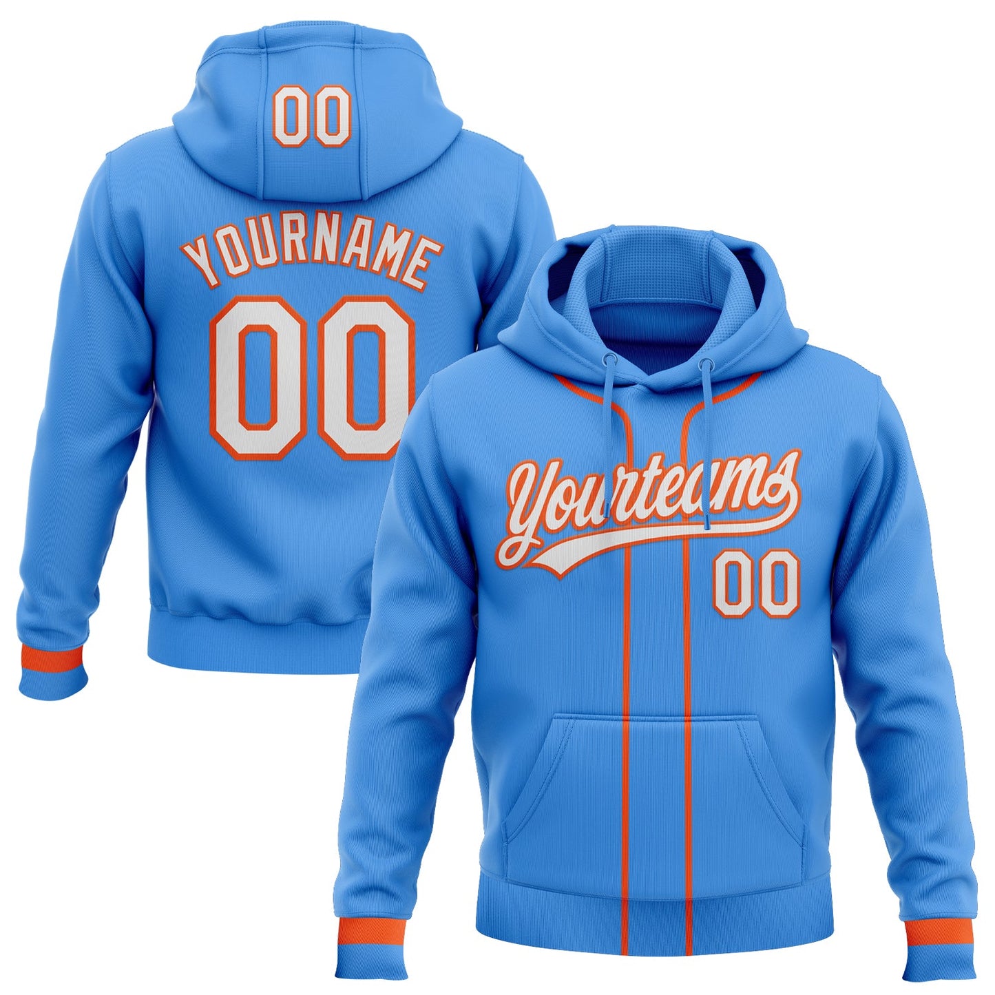 Custom Stitched Powder Blue White-Orange Baseball Pullover Sweatshirt Hoodie - Main View