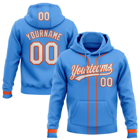 Custom Stitched Powder Blue White-Orange Baseball Pullover Sweatshirt Hoodie - Main View
