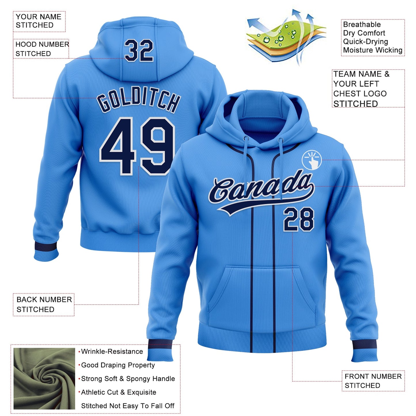 Custom Stitched Powder Blue Navy-White Baseball Pullover Sweatshirt Hoodie view 2