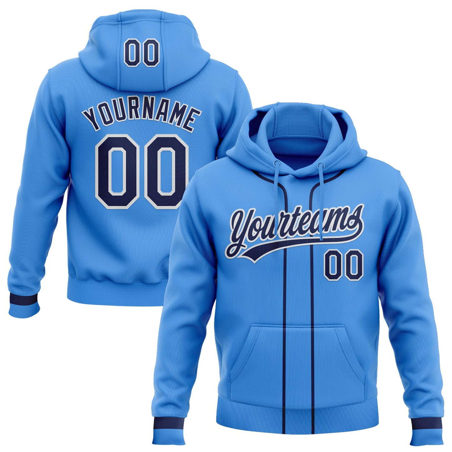 Custom Stitched Powder Blue Navy-White Baseball Pullover Sweatshirt Hoodie - Main View